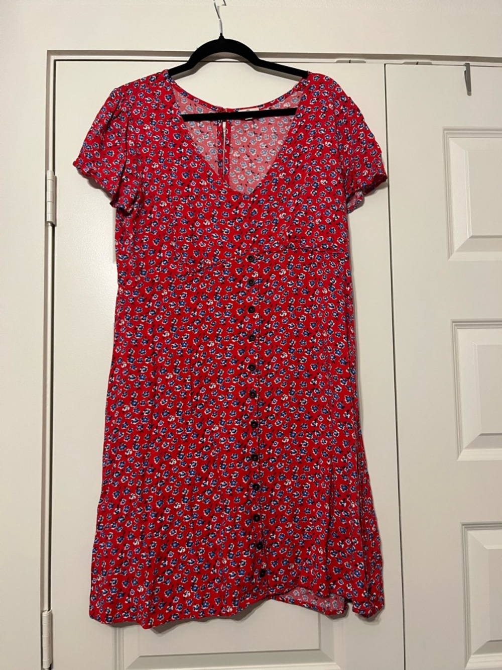 Red Floral V-Neck Button-Front Mini Dress